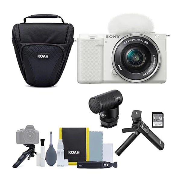 Sony Alpha ZV-E10 APS-C Mirrorless Vlog Camera (White) with 16-50mm Lens Bundle with Content Creator Kit (4 Items)