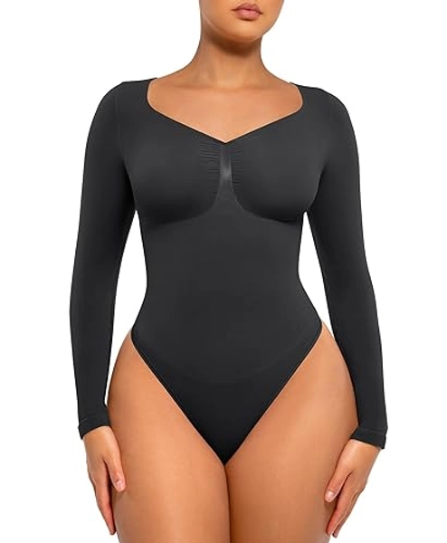 FeelinGirl Women's Long Sleeve Bodysuit for Tummy Control Seamless Body Suits Thong V Neck Going Out Tops - X-Small - Black