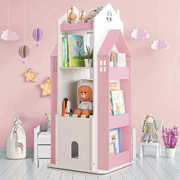 MOUDAO Kids Bookshelf 360° Castle Pink Rotating Bookshelf Toy Storage Organizer Rack Revolving Corner Bookshelf for Kids Toddler Children Home Office Furniture Bookcase - Pink - 17''17''42''