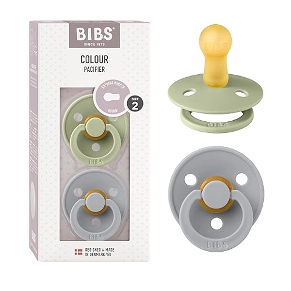 BIBS Pacifiers | Natural Rubber Baby Pacifier Combo | Set of 2 BPA-Free Soothers - 0-6 Months - Sage/Cloud