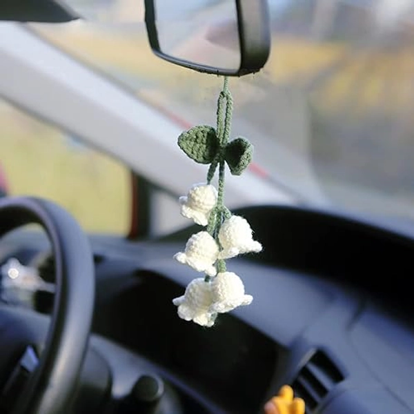 Rear View Mirror Accessories,Cute Car Accessories Aesthetic,Handmade Knitted Rear View Mirror Pendant Ornament,Kawaii Car Decor， For Car Cecorations Home Decorative Pendantscar Decorations - White