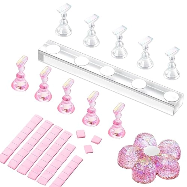Makartt Acrylic Nail Holder Set for Press on Nails Magnetic Nail Display Stand for Practices Manicure Tools with 48PCS Reusable Adhesive Putty for Nail Salons - Clear Pink