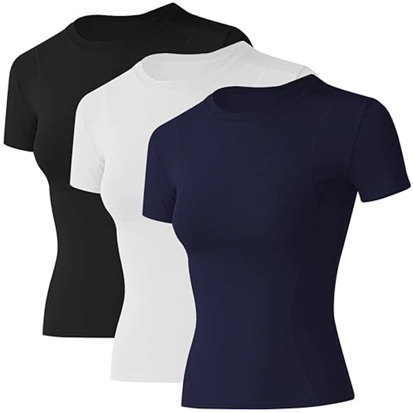 Loovoo Women Workout Shirts 1/2/3 Pack Athletic Compression Tee Dry Fit Yoga Gym Basic Tops - X-Small - D1_3 Pack_black&white&dark Blue_short Sleeve