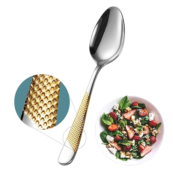 Xideman® 12 Stück Premium gehämmerte Dessertlöffel (17cm) - 18/10 Edelstahl Mittelgroße Tafellöffel/Suppenlöffel/Esslöffel, Rutschfest Gehämmert Besteck löffel set, Spülmaschinenfest (Silber Gold)