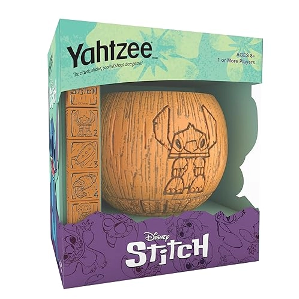 USAOPOLY YAHTZEE: Disney Stitch, Collectible Tiki Style Dice Cup, Classic Dice Game Based on Disney’s Lilo & Stitch, Great for Family Night, Officially Licensed Disney Game & Merchandise