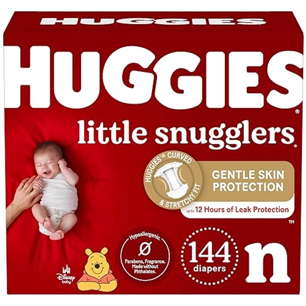 Huggies Newborn Diapers, Little Snugglers Newborn Diapers, Size 1 (up to 10 lbs), 144 Count - Size 0/New Born (144 Count)