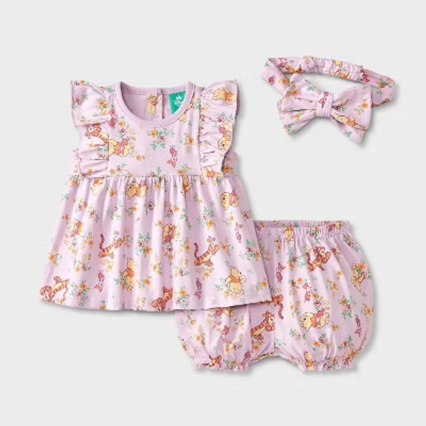 Baby Girls' 3pc Disney Winnie The Pooh Top & Bloomer Shorts Set with Headband - Purple 6-9M