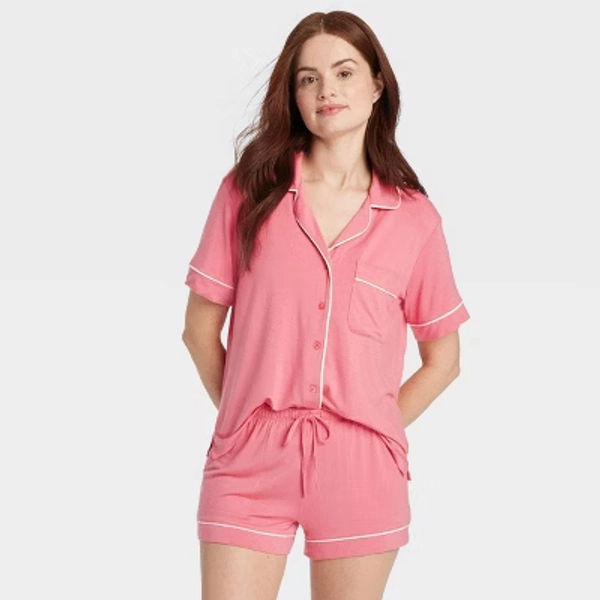 Women's Cloud Knit Short Sleeve Notch Collar Shirt and Shorts Pajama Gift Set - Auden™ Coral Red XS