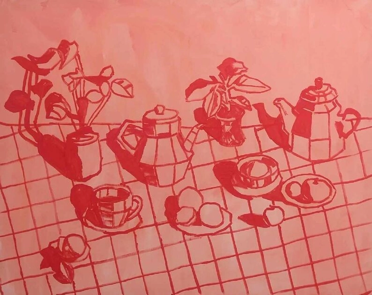 Pink and Red Table Still life  by Joanne Mickentelle