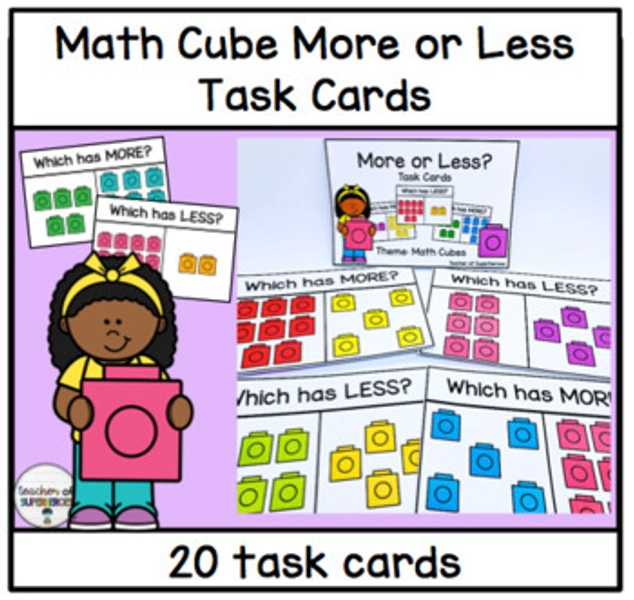 More or Less Task Cards (20 math cube task cards)