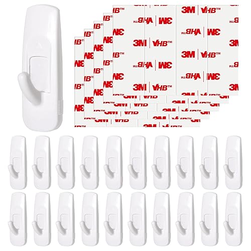 JulyWind 20 Medium Hooks for Hanging, Adhesive Wall Strips Hooks Heavy Duty, no Damage Sticky Utility Hooks with 24 Strips for Bathroom Towel，Coat，Door，Key - M-20 Hooks