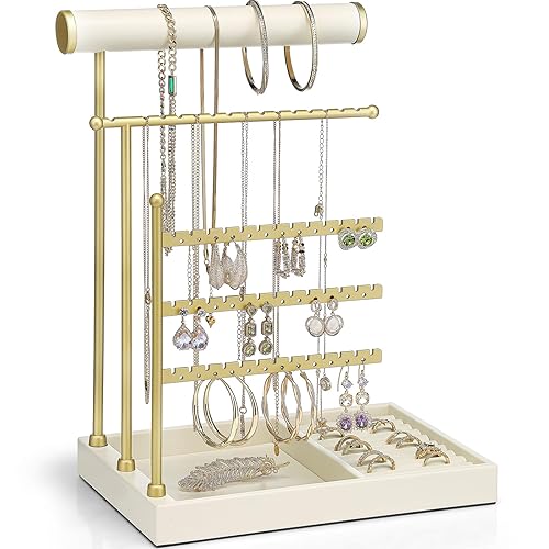 Vlando Jewelry Stand Organizer with Ring Holder, Jewelry Holder Organizer with Tray, Necklace Bracket Earring Holder - Cloud White - Beige