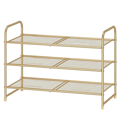 Simple Trending 3-Tier Stackable Shoe Rack, Expandable & Adjustable Shoe Shelf Storage Organizer, Metal Mesh, Gold - 3 Tier