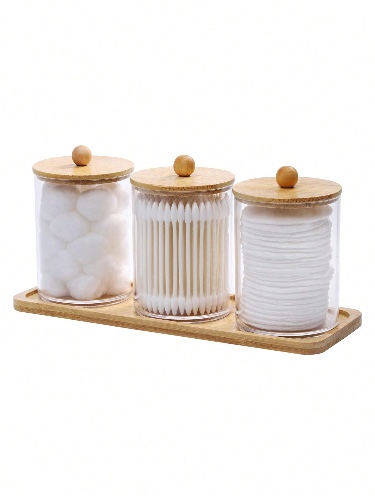 3pcs Bathroom Storage Containers Set, Including Cleaning Wand/Ball Pad Holder, Vanity/Qtip & Medicine Dispenser, Clear Bathroom Organizer