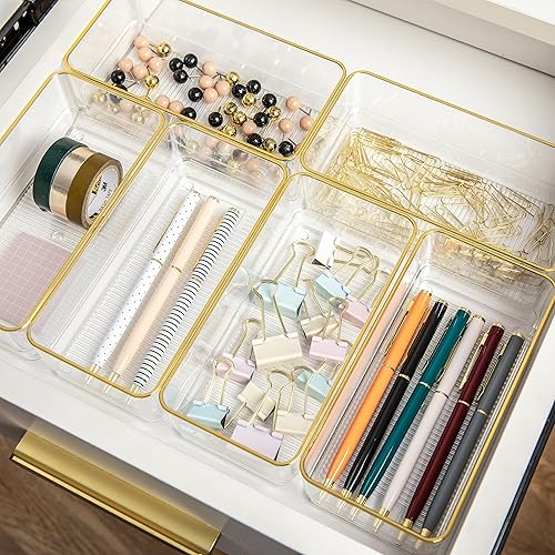 Martha Stewart Kerry Plastic Stackable Office Desk Drawer Organizers, 6" x 3", 6 Pack, with Gold Trim - 6" x 3"