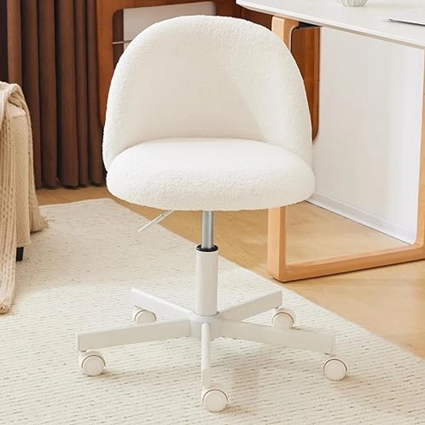 VINGLI Candy Chair Armless Cute Desk Chair,Comfy Small Office Chair with Wheels,Vanity Chair with Lumbar Support,Teddy Adjustable Rolling Swivel Computer Task Chair for Home Office,Bedroom,White - White