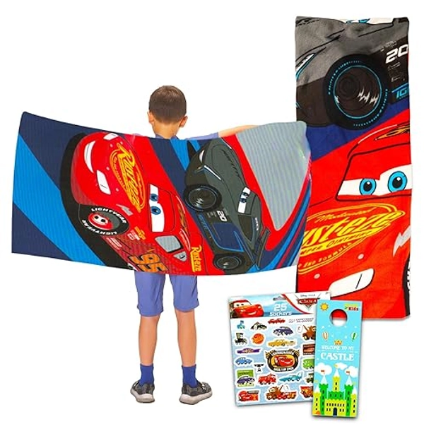 Disney Cars Beach Towel Set - Bundle with Lightning McQueen Pool Towel Plus Cars Stickers and More (Cars Beach Towel for Kids and Adults)