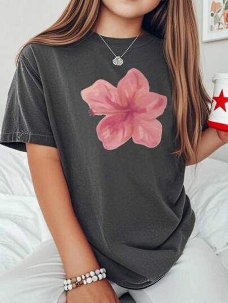 1pc Girls' Casual Printed Round Neck Short Sleeve T-Shirt, Summer Student Young Kids Wear - Artistic Style T-Shirt Inspires Imagination And Self-Expression