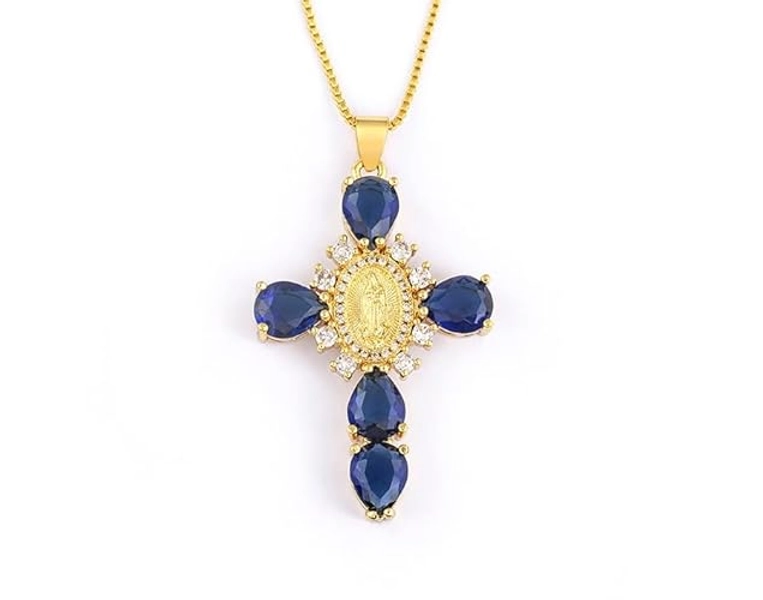EGO VINA Crystal Zircon Cross Necklace For Women Choker Charm Virgin Mary Pendant Box Chain Female Jewelry Collier Femme - Gold-color - 17.5 inch (box) - Dark Blue