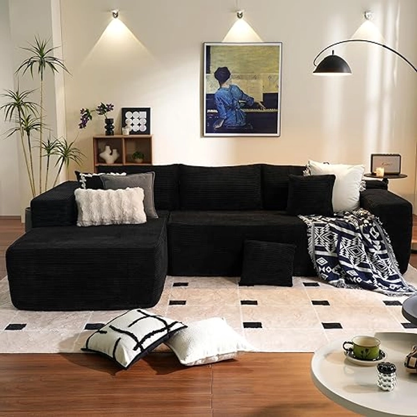 ovios 104" Cloud Sectional Couch with L-Shape Chaise,Modern Modular Sofa with Deep Seat, Upholstered Couches for Living Room Bedroom,No Assembly Required, Black (Corduroy Fabric) - Left Facing Chaise - Black (Corduroy Fabric)