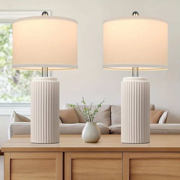 [Ceramic Table Lamps] 2 Modern Ceramic Table Lamps | Set of 23.5in Lamps for Living Room, Farmhouse Vintage Bedside Table Lamps with White Linen Shade, Rustic Bedroom Ceramic Lamps for Nightstand Home Office End Table Dorm