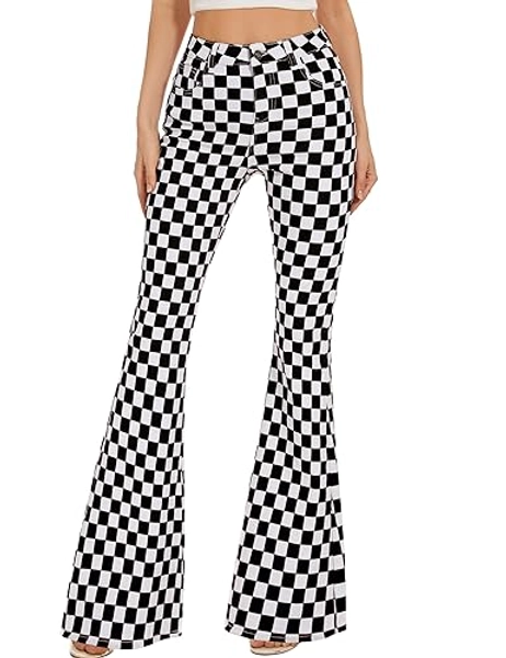 Bell Bottom Jeans for Women High Waisted Stretch Plaid Flare Jeans Denim Bootcut Pants - 16 - Black and White Checkered 2