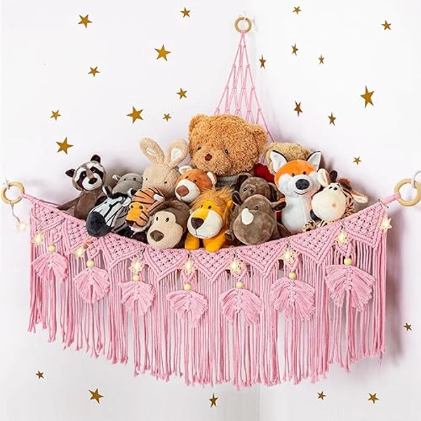 ANROYE Macrame Stuffed Animal Storage with Star Light, Bear Pink Hammock for Girls Room Decor, Corner Hanging Mesh Organizer Idea for Nursery, Plushies Toy Wall Hanging Display Holder Kid Boy Gift - Pink