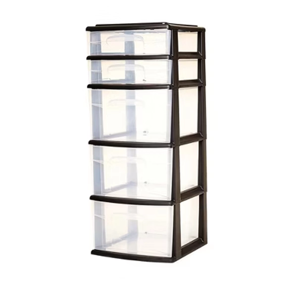 Homz Plastic 5 Clear Drawer Medium Home Closet Organizer Storage Container Tower with 3 Large Drawers and 2 Small Drawers, Black Frame