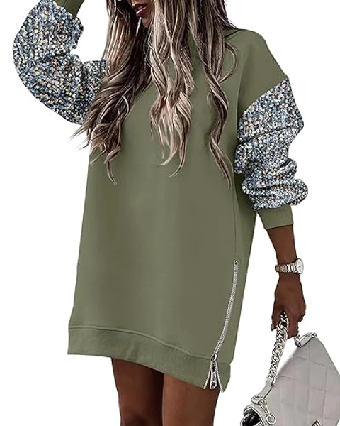 CHICME BEST SHOPPING DEALS Chic Me Womens Long Sleeve Zipper Slit Sweatshirt Casual Pullover Zipper Hoodies - Large - Army Green