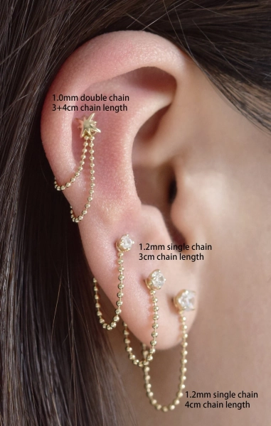 14K Solid Gold Chain Attachment Beaded Chain Dangle Ear Jacket Chain Charm for Cartilage Helix Conch Double / Single Chain of Piercing - Etsy