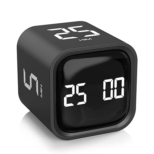 Rotating Pomodoro Timer 5, 25, 10 50 Minutes Preset, Desk Productivity Flip Timer, ADHD Tool Cube Countdown Stopwatch, Vibration/High/Low Volume/Custom Modes, for Work, Study, Back to School, Kitchen - Black - 1
