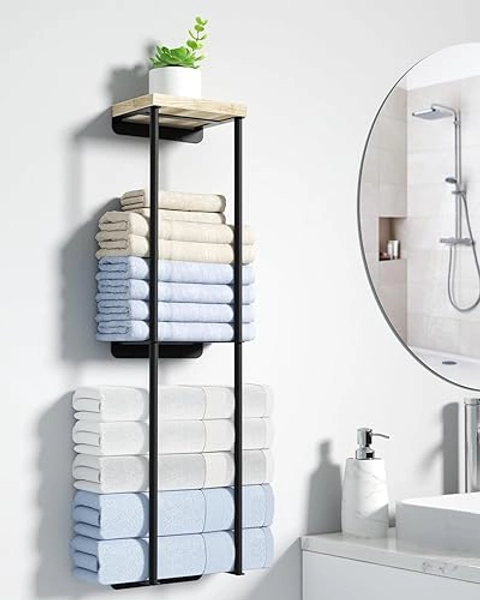 Towel Racks for Bathroom, 2 Tier Wall Towel Holder with Wood Shelf, Metal Wall Mounted Towel Rack Bathroom Organizers and Storage, Black - Black - 2 Tier