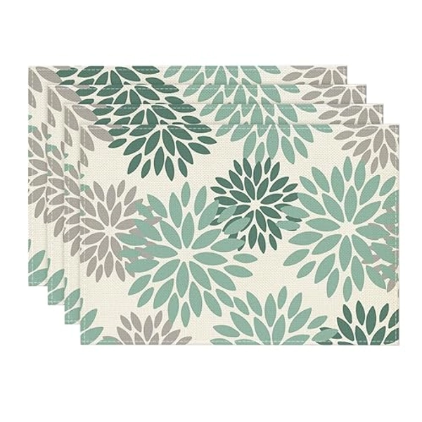 Artoid Mode Blumen Wasser Grün Dahlien Frühling Platzsets 4er Set, Sommer 30x45cm Urlaub Tischsets Waschbar Platzdeckchen Küche Party Deko - 30 x 45 cm - Wasser Grün
