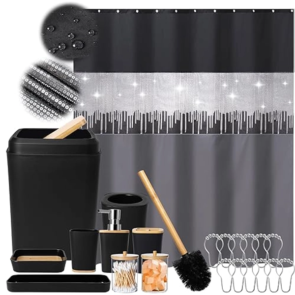 XLHOMO Black Bathroom Accessories with Glitter Shower Curtain,10 Piece Bathroom Sets with Shower Curtain Set Bathroom Set Black Shower Curtain with Bathroom Trash Can - Black - Bath Set+Shower Curtain