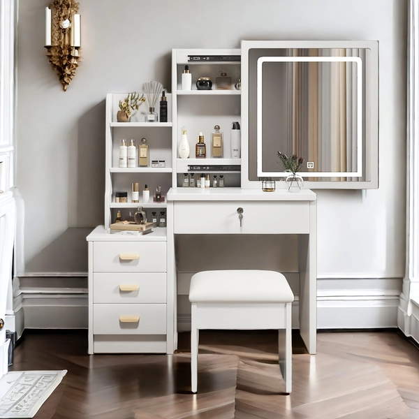 Montary 35" White Dressing Table For Small Apartment With Sliding Makeup Mirror, Dressing Table, Mirror Cabinet, Storage Cabinet, Best Gift
