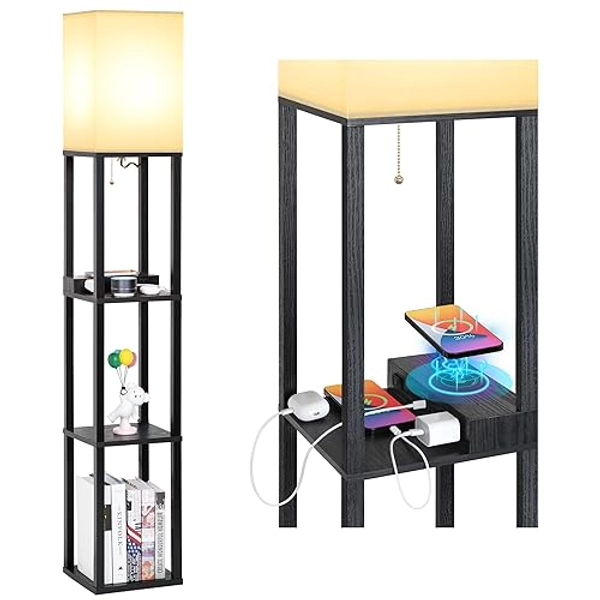 Mlambert Modern Shelf Floor Lamp with Wireless Charger & Fast Charging USB Ports & Type C Port & 2 Power Outlets,3 Tier Storage Lamp for Bedroom,Black