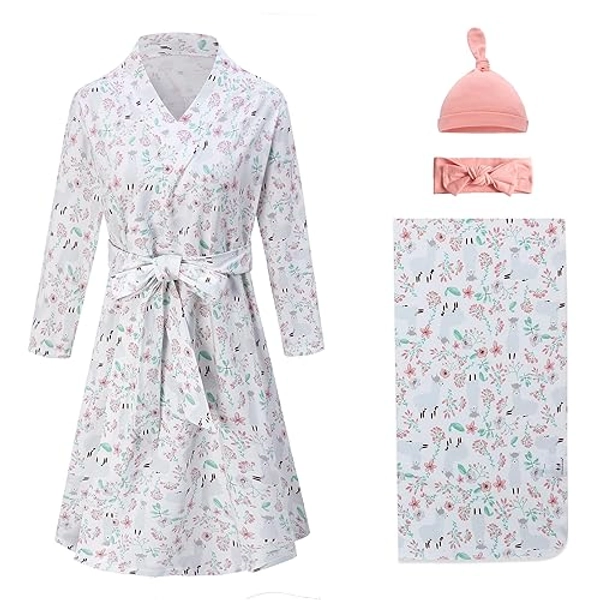 Miracle Baby Maternity Robe and Baby Swaddle Blanket, Matching Robe and Swaddle Set Mom and Baby, Hospital Labor and Delivery Gown - Flowers+alpacas - Small