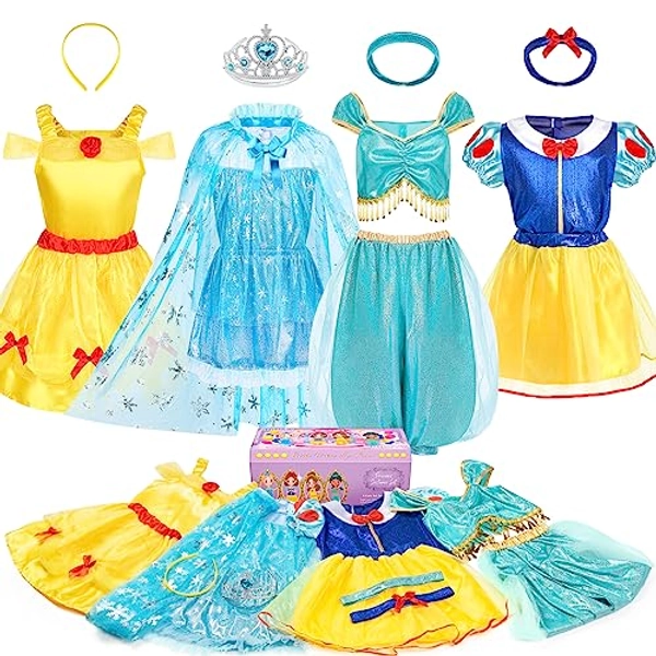 Kids Princess Dress Up Clothes for Little Girls, BIBUTY Pretend Play & Dress Up Princess Costume Set with Princess Dresses Crown Cape for Little Girls, Princess Toys Gifts for 3-6 Toddler Little Girls