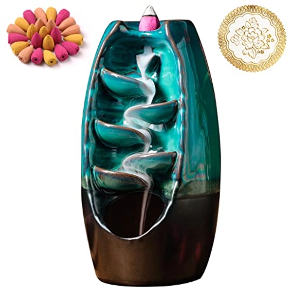 INONE Ceramic Incense Burner with 120 Cones, Waterfall Backflow Incense Holder, Aromatherapy Ornament, Zen Decor, Home Decor, Room Decor (Cyan) - Cyan,Rose