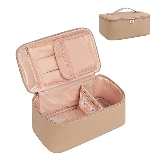 OCHEAL Makeup Bag, Travel Makeup Bag Waterproof Cosmetics Organizer Make Up Bag Case,Toiletry Bag for Women,Large Capacity for Girls Daily Use Dorm Room Storage with Dividers -Beige Apricot - 003_White Apricot