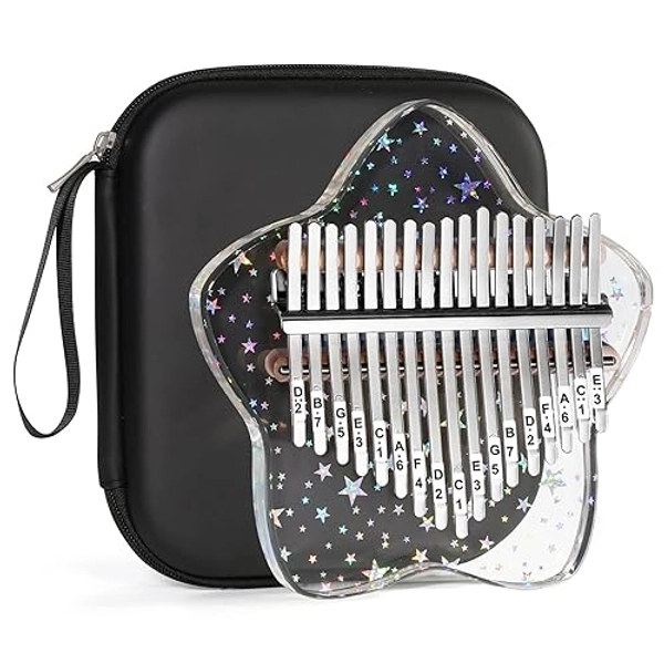 Beveetio Clear Kalimba Thumb Piano With Eva Protective Case, Transparent Crystal Kalimba 17 Key, Musical Instrument Gifts, Rainbow Star Finger Piano, Acrylic Mbira… - Transparent & Rainbow Star