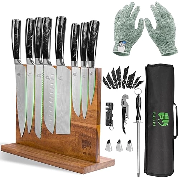 FULLHI Set de 15 couteaux avec support magnétique pour bloc de couteaux, lames en acier inoxydable, poignées ergonomiques en résine noire pour la cuisine professionnelle et domestique - Résine Noire - Set de blocs de couteaux