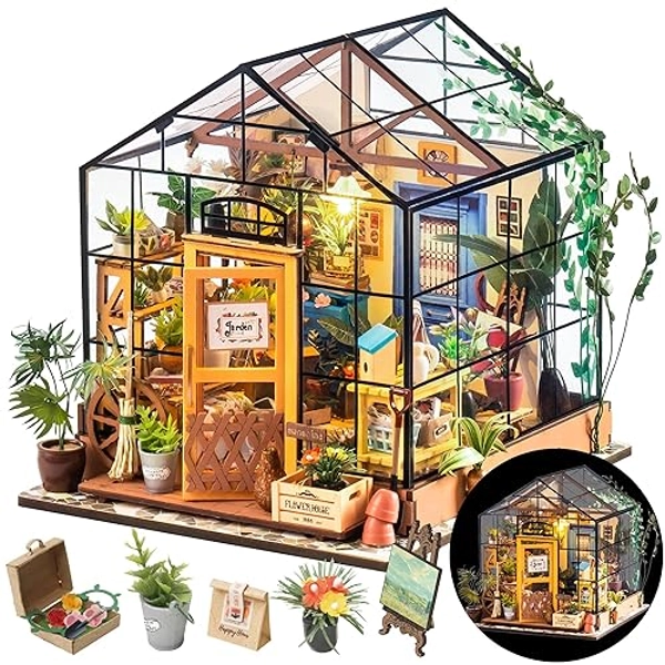 ROWOOD Mini Maison Fleurie de Cathy Miniature de poupée Serre, en Bois, Bricolage Set modèle, Cadeau d'anniversaire pour Adulte Femme Fille - Serre de Jardin