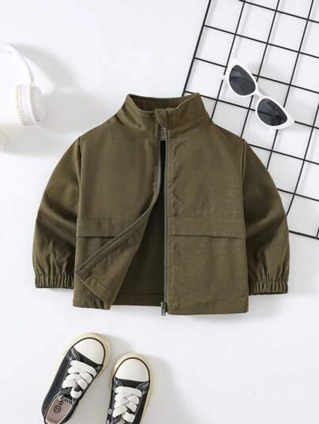 SHEIN Baby Boy Military Green Solid Open Front Long Sleeve Jacket, Suitable For Spring & Fall