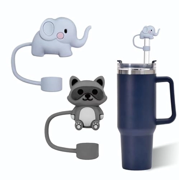 Elephants and raccoons Straw Cover for Stanley 40&30 Oz Cup, 10mm Silicone Straw Covers Cap for Stanley Cup Accessories, Cute Straw Topper for Tumblers, Straw Cap Stopper for Reusable Straws