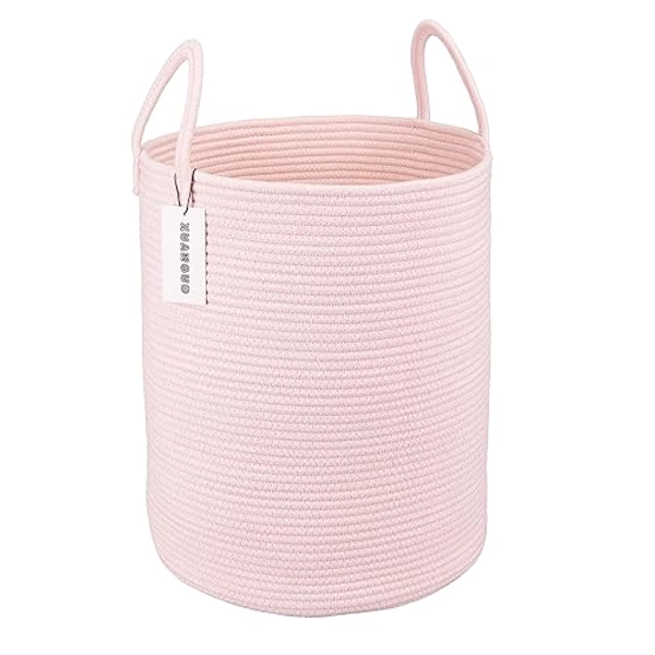XUANGUO Cotton Rope Laundry Basket Hamper for Girls Kids Baby Nursery Hamper Bin Woven Storage Basket for Living Room Girls room Boho Tall Rope Baskets for Blanket Toys Large light pink