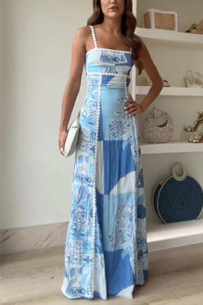 Ric Rac Straps Bow Back Cut Out Printed Swing Maxi Cami Dress | LightBlue / S