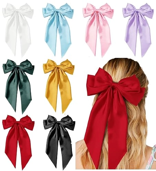 Hair Bows for Women 8PCS Hair Ribbon Bow Hair Clips, Silky Satin Oversized Hair Bows Clips with Long Tail, Girls Big Bow for Hair, Cute Large Hair Bow Vintage Hair Accessories for Women - Variety
