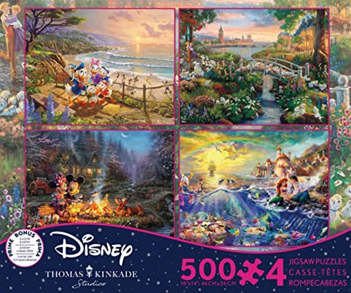 Ceaco - 4 in 1 Multipack - Thomas Kinkade - Disney Dreams Collection - Donald & Daisy Duck, 101 Dalmatians, Mickey, Minnie, & Pluto, & The Little Mermaid - (4) 500 Piece Jigsaw Puzzles