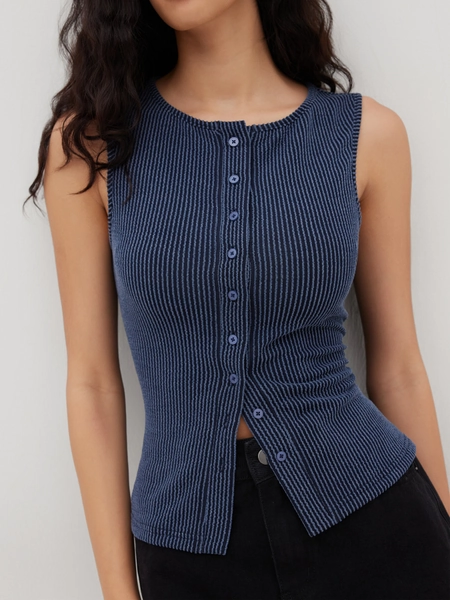 Round Neckline Stripe Button Through Tank Top